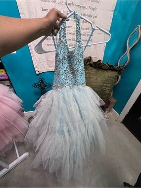 Mac Duggal Girls Light Blue Beaded Tulle Formal Dress